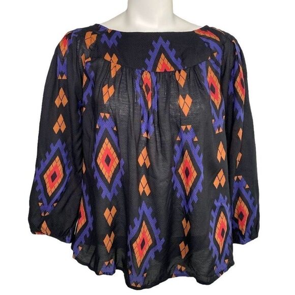 Lucky‎ Brand Black Southwestern Pattern Flowy Boho Peasant Top Sz Small - Picture 1 of 6